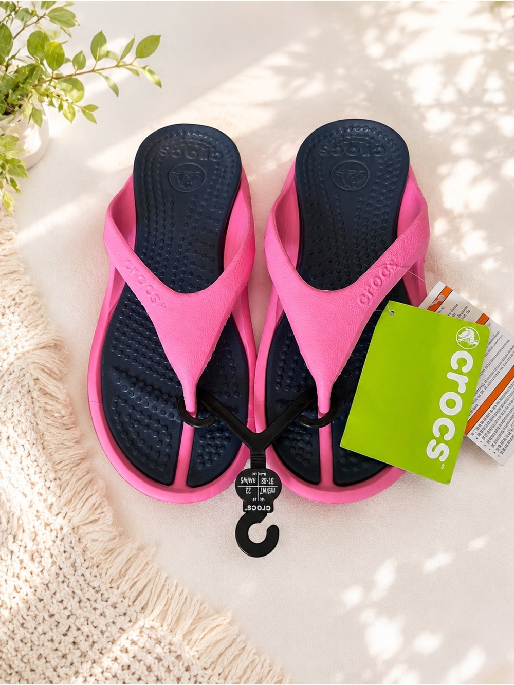 CROCS Pink Strap Navy Footbed Flip Flops